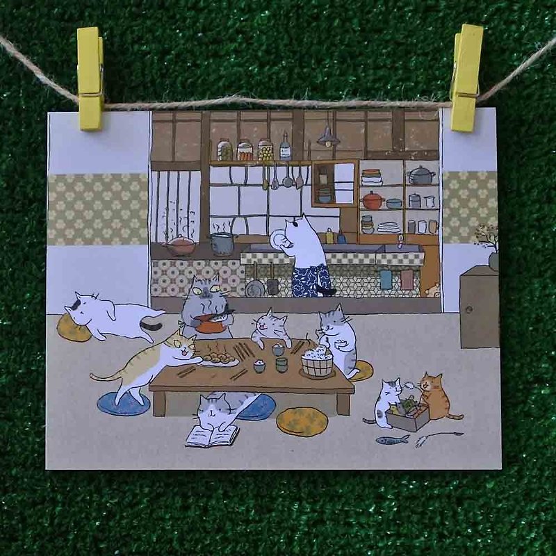 3貓小舖貓咪插畫明信片(畫家:貓小姐) – 貓一家的晚餐 - 心意卡/卡片 - 紙 