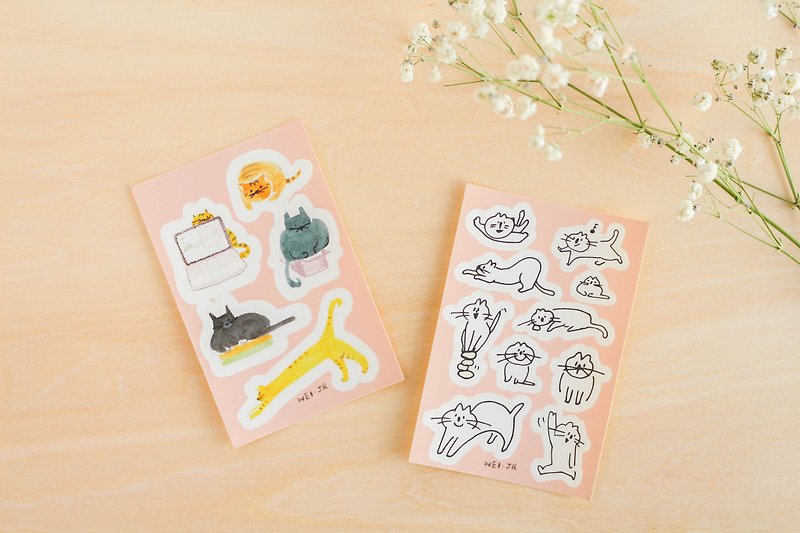 Waterproof Sticker-Cat's Daily-Black and White Plus Color Double Entry - Stickers - Other Materials Pink