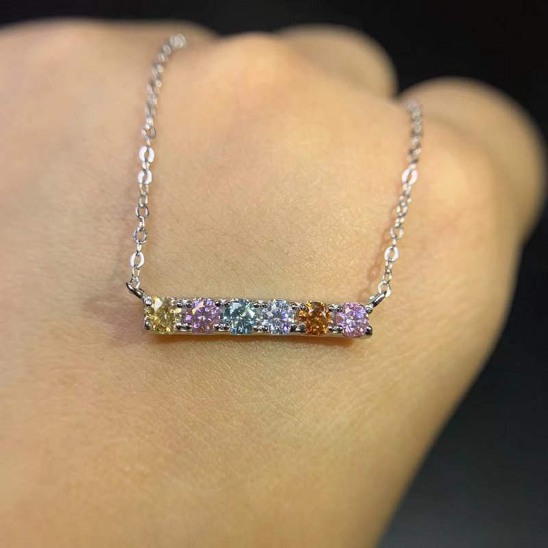 Moissanite Bar Necklace, Colorful Moissanite Necklace, Silver Bar Necklace - 項鍊 - 其他金屬 銀色