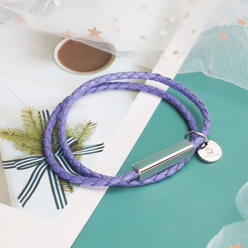 [Customized] Double-circle genuine leather braided bracelet_Silver (8 colors) / Can be engraved - Bracelets - Genuine Leather Purple