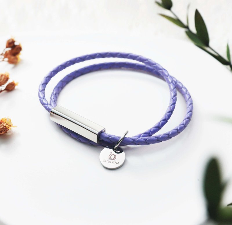 [Customized] Double-circle genuine leather braided bracelet_Silver (9 colors) / Can be engraved - Bracelets - Genuine Leather Purple