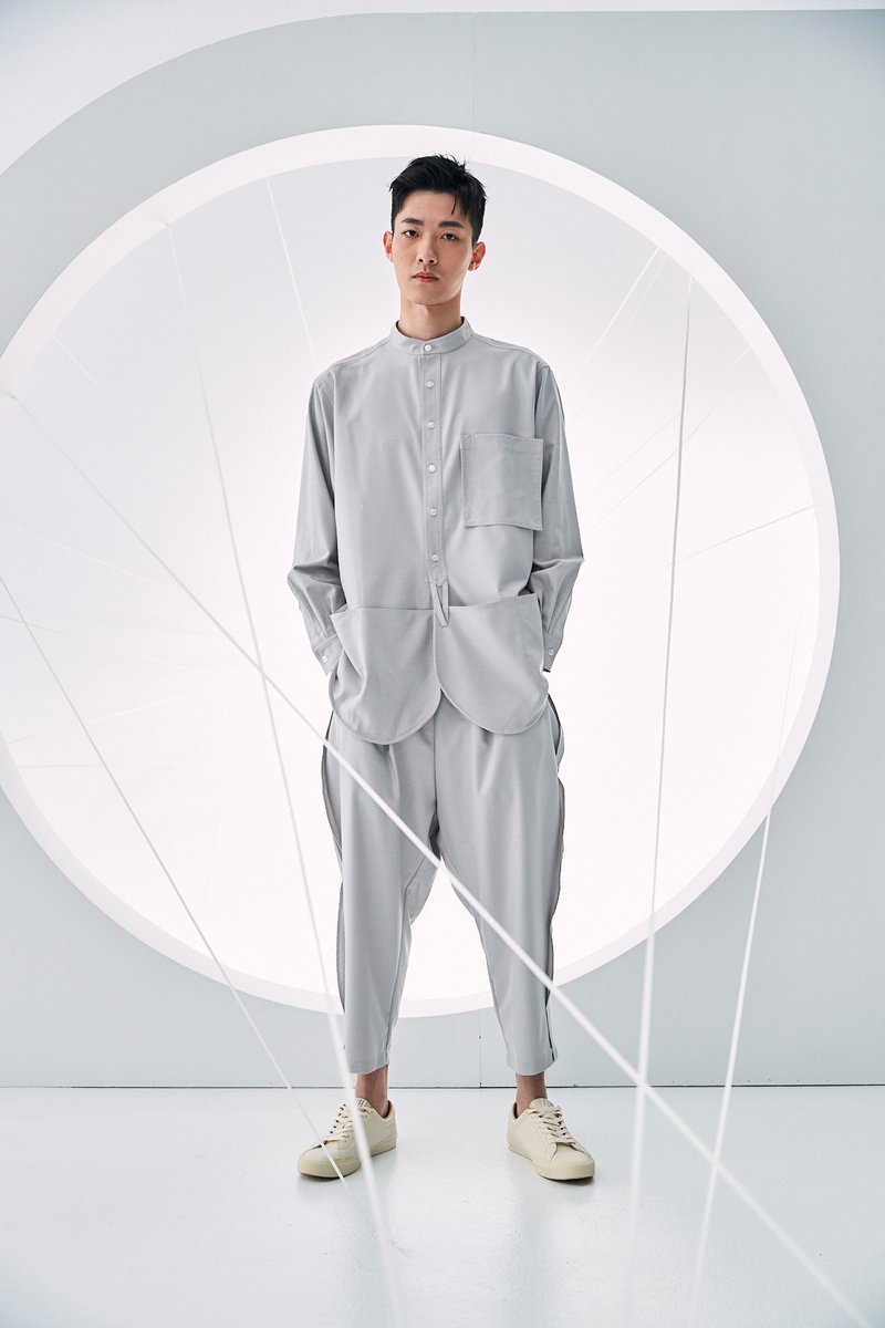 多口袋造型立領襯衫 - 男襯衫/休閒襯衫 - 棉．麻 灰色