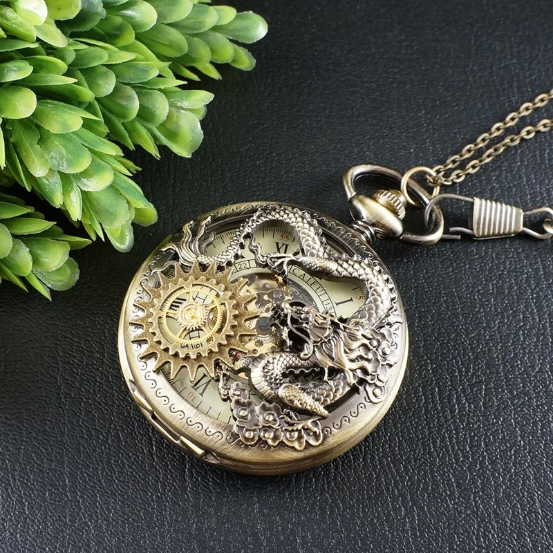 Mechanical Pocket Watch Pendant Steampunk Dragon Necklace Jewelry Accessory Gift - นาฬิกาผู้ชาย - โลหะ สีทอง