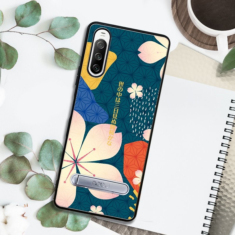 Sony Xperia 10 IV shock-absorbing stand phone case - dark green cherry blossom haiku - Phone Cases - Other Materials Multicolor