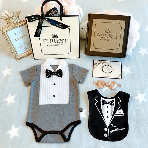 PUREST baby collection 英倫皇家雙領結小紳士 豪華經典 寶寶禮盒組 嬰兒彌月送禮-灰色款