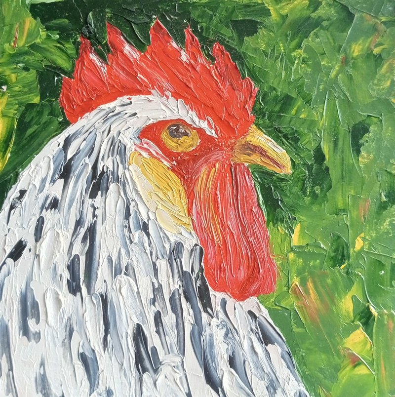 Rooster Oil Painting Farm Original Art Bird portrait Rooster Wall Decor Tiny Art - 海報/掛畫/掛布 - 顏料 綠色