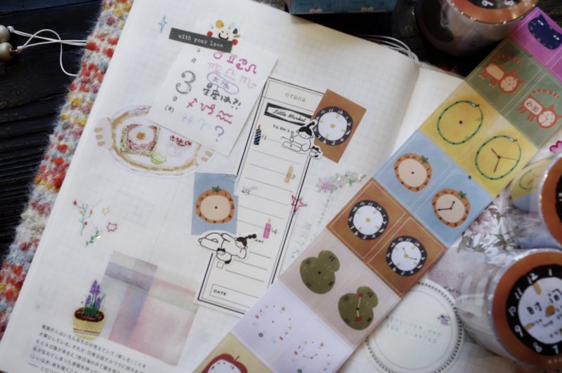 時間 かわいい時計いろいろ 手帳デコ 和紙膠帶 (kiss-cut) - 膠紙/膠帶/紙膠帶 - 其他材質 多色