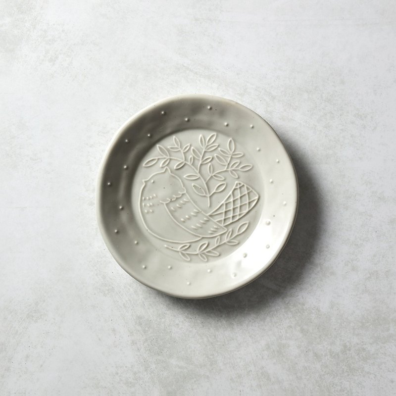 Ishimaru Hasamiyaki-Song of Mori Bird Plate-Mist Grey - Small Plates & Saucers - Pottery Gray