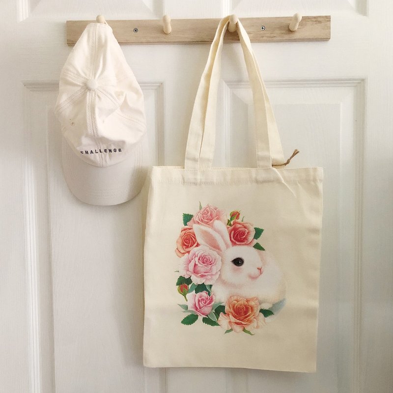 Flower rabbit canvas bag (rose flower) - กระเป๋าแมสเซนเจอร์ - ผ้าฝ้าย/ผ้าลินิน 