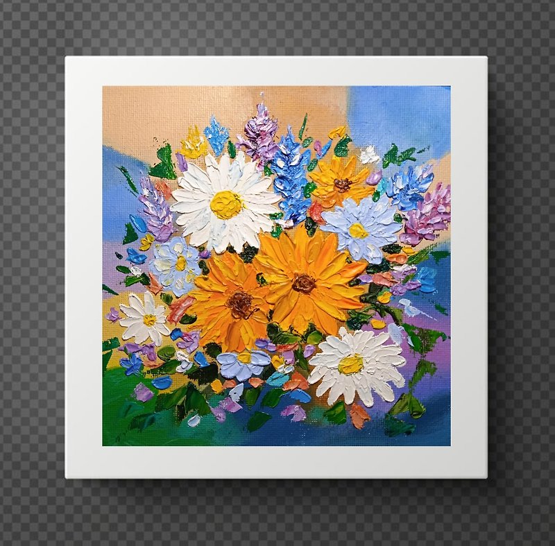 Oil Painting Bright Flowers Chamomile Sunflowers Impasto Art Miniature 6 x 6 in - ตกแต่งผนัง - โลหะ หลากหลายสี