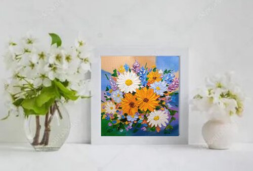 油絵 明るい花 カモミール ひまわり インパストアート