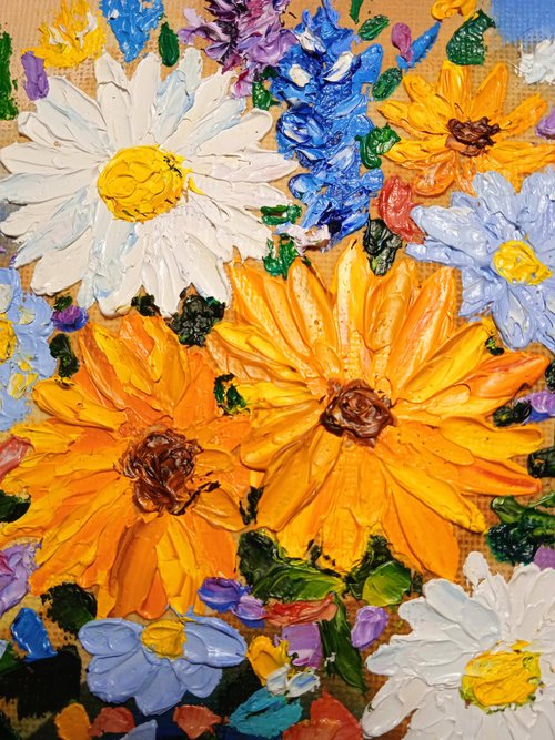 油絵 明るい花 カモミール ひまわり インパストアート