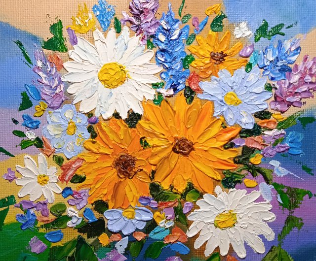 油絵 明るい花 カモミール ひまわり インパストアート
