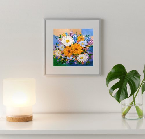 油絵 明るい花 カモミール ひまわり インパストアート