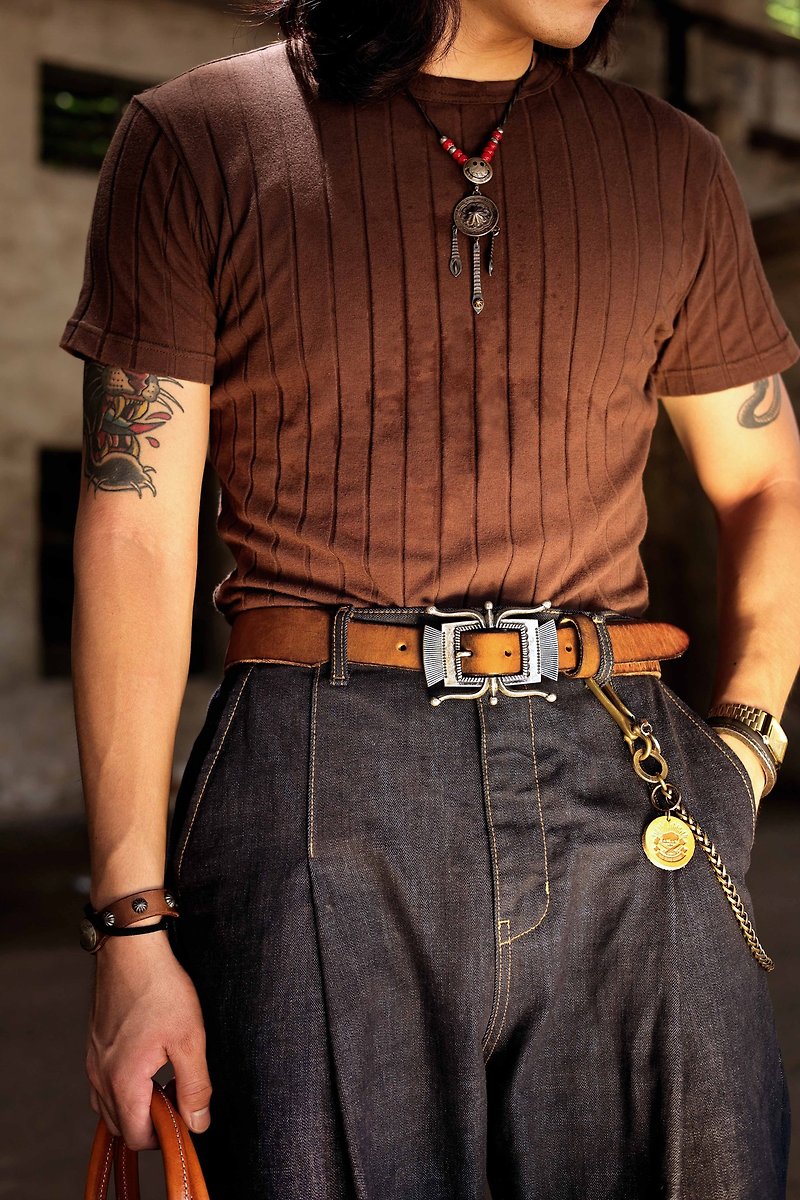 American retro western cowboy Italian top layer cowhide motorcycle belt - Belts - Genuine Leather Multicolor