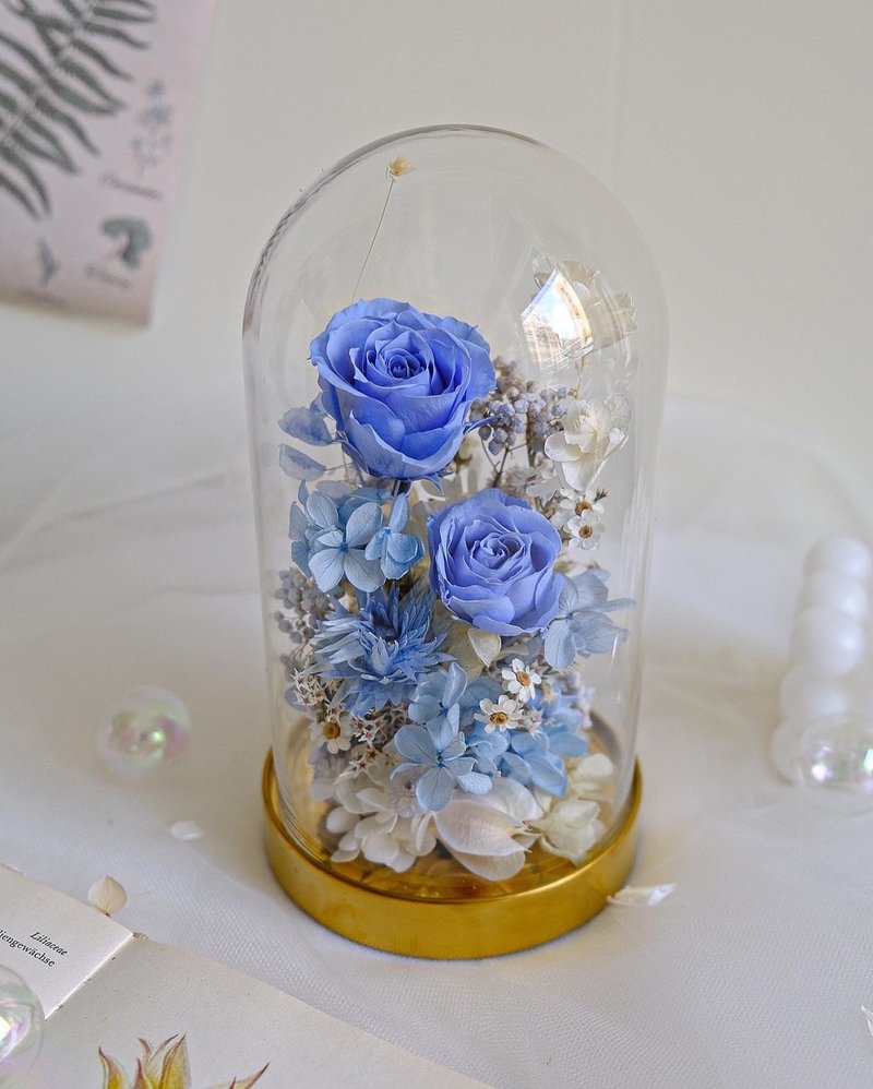 天空藍玻璃花盅-永生玫瑰花 情人節禮物 教師節 - 擺飾/家飾品 - 植物．花 藍色