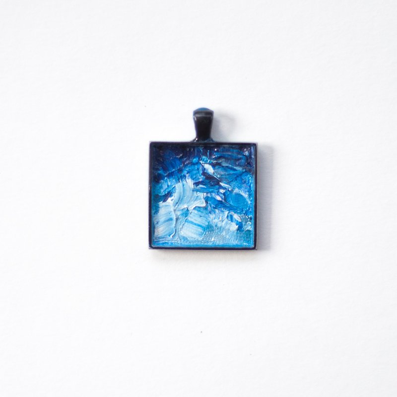 Snow Mountain Impression 002 original oil paintings _ _ _ base metal and resin pendants 25mm small square sided wearable _ _ _ mini impressionist artwork painted jewelry - Necklaces - Pigment Blue
