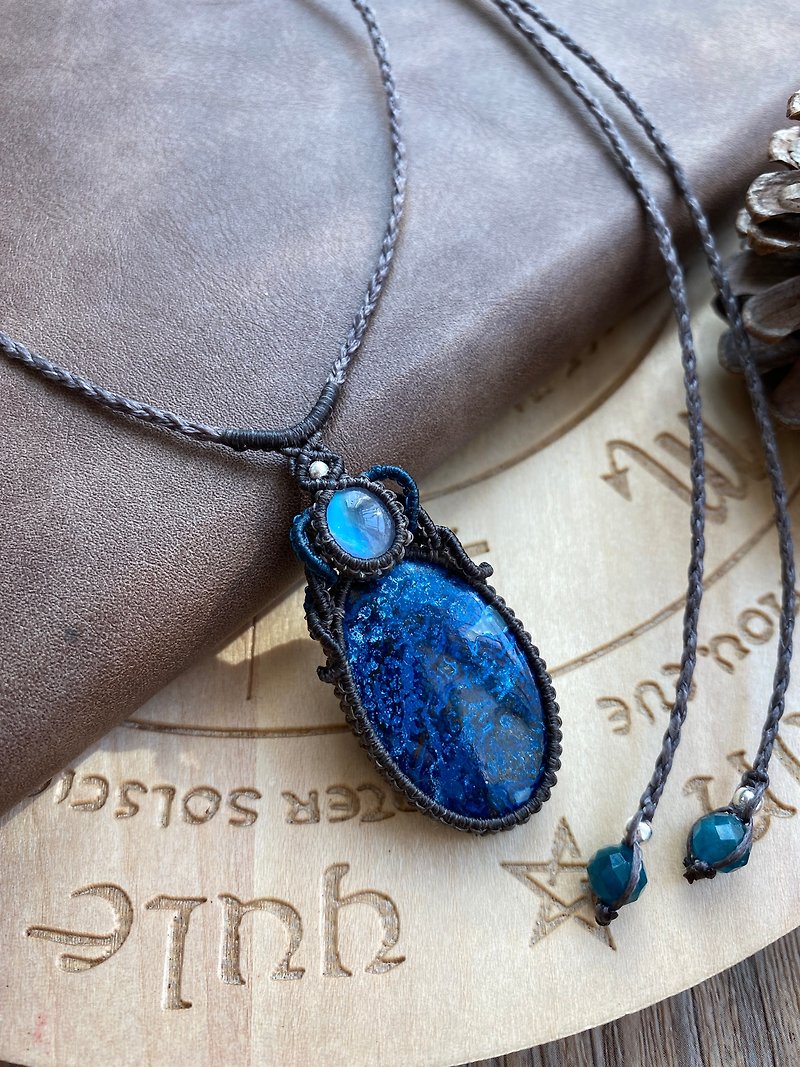N350 蠟線編織 月光石 藍矽銅礦石 (shattuckite) 純銀珠 項鏈 - 項鍊 - 寶石 藍色
