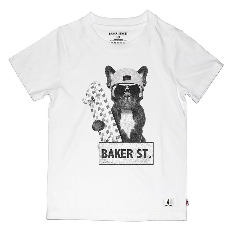 【英國Baker Street 貝克街】童裝 - 純棉短袖T - 滑板酷狗狗 - 男/女童裝 - 棉．麻 白色