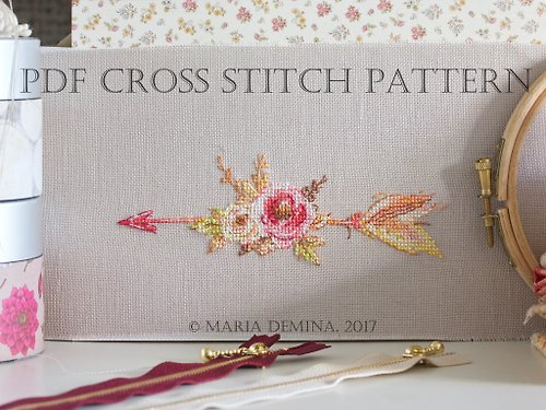 LittleRoomInTheAttic Watercolor Arrow With Flowers PDF cross stitch pattern