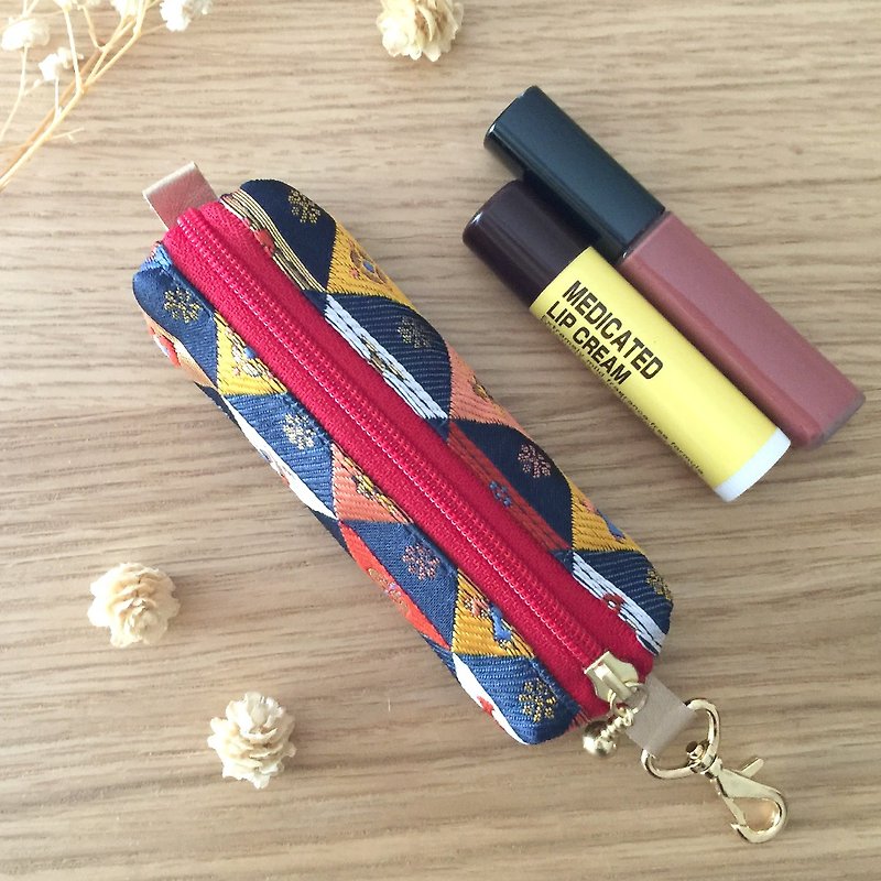 Lipstick case Coin case with Japanese traditional pattern, Kimono - Gold Brocade - Keychains - Other Materials Blue