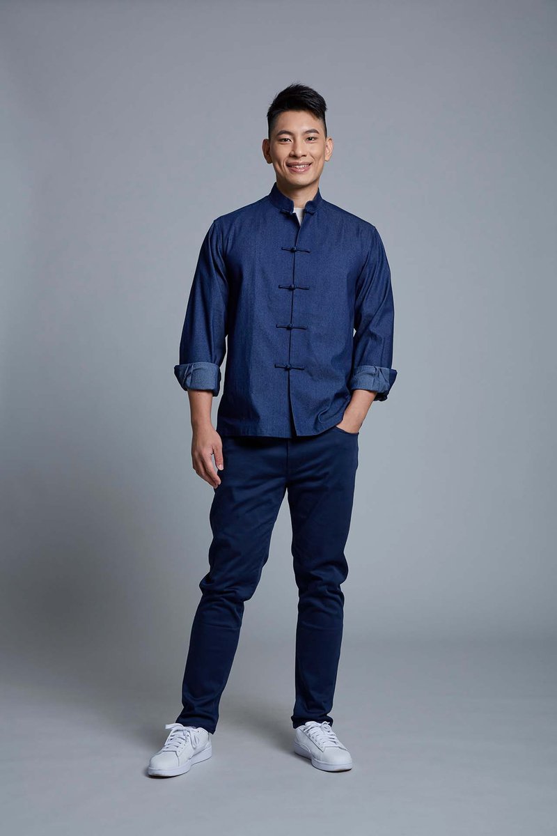 Unisex Denim Tang Shirt - กี่เพ้า - เส้นใยสังเคราะห์ สีน้ำเงิน