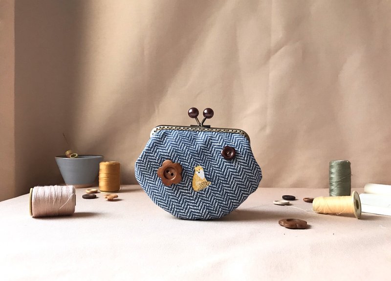 フォレストアミューズメントパーク+ウッドフラワーボタンlブルーlポータブルスモールゴールド小銭入れl - コインケース・小銭入れ - コットン・麻 ブルー