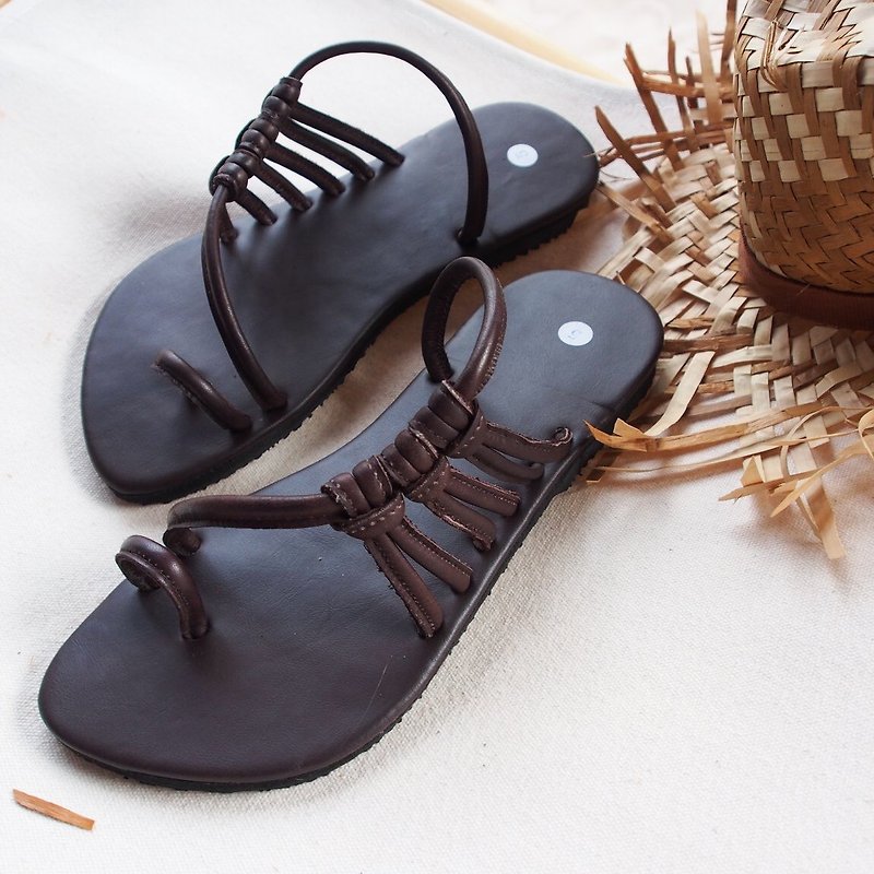 Ethnic sandal Brown Leather Simple Shoe Casual Beach Sandal Minimal Style Shoes - 女款皮鞋 - 人造皮革 咖啡色