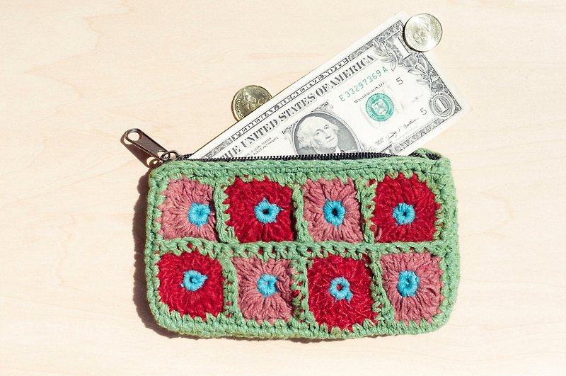A limited edition hand-crocheted rectangle purse / storage bag / cosmetic bag - forest green flowers - Wallets - Cotton & Hemp Multicolor
