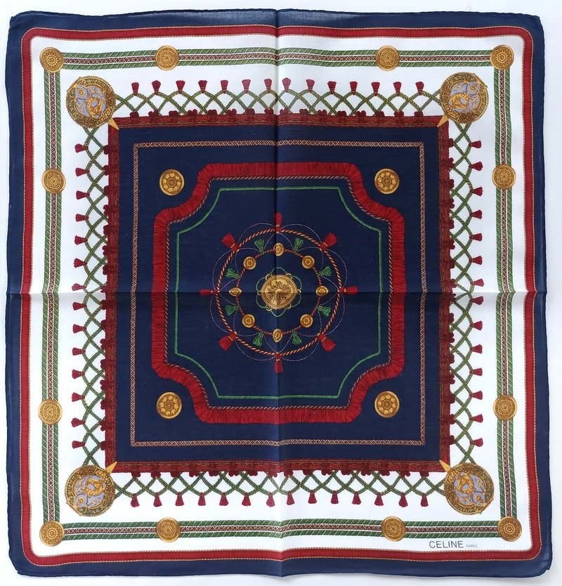 セリーヌ パリ ヴィンテージ ハンカチーフ - 馬術 紋章スタイル 19 x 18.5インチ - ハンカチ - コットン・麻 ブルー