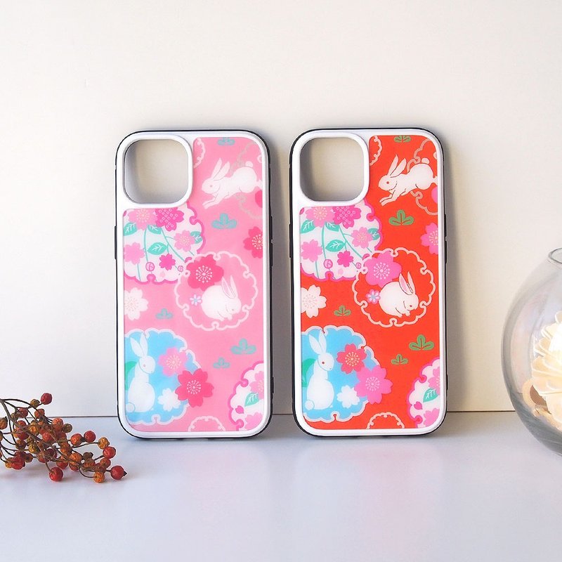 Tempered Glass iPhone Case - Cherry Blossom & Rabbits - - Phone Cases - Plastic Red