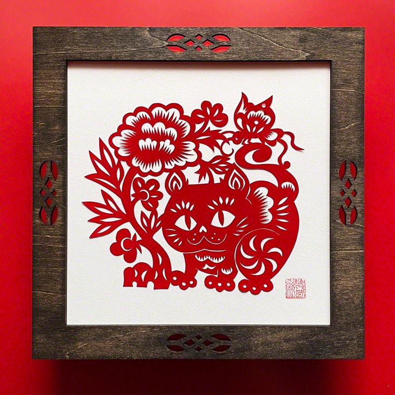 木製フレーム付き　受注製作   切り紙・猫と牡丹、蝶  耄耋富貴 - 海報/掛畫/掛布 - 紙 紅色