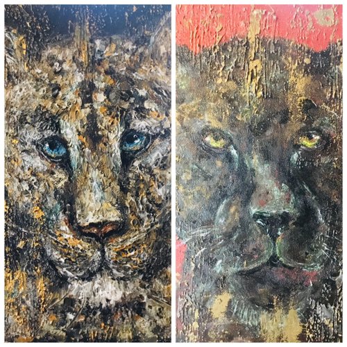 ピューマ　アクリル画　原画 ピューマ一家の二面性、キャンバスに描いたオリジナルのアクリル