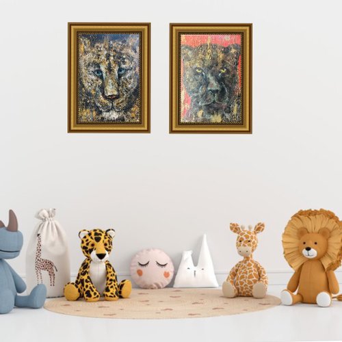 ピューマ　アクリル画　原画 ピューマ一家の二面性、キャンバスに描いたオリジナルのアクリル