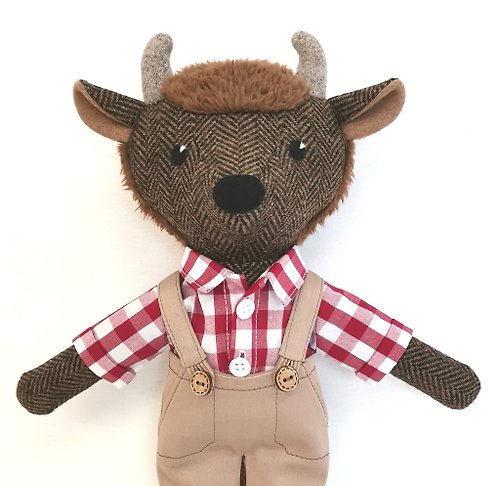 TweedyLand Brown buffalo boy, handmade plush bison toy, wool stuffed doll