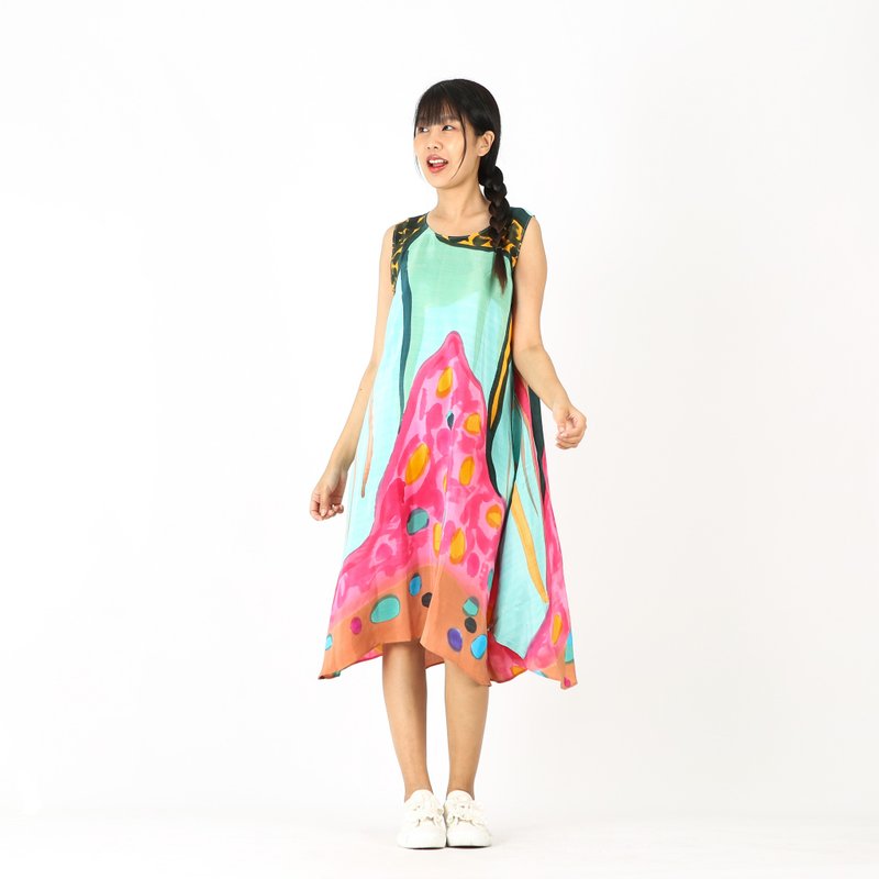 Sac Sleeveless Dress Soft Cotton Silk Hand Paint for Holiday - 洋裝/連身裙 - 棉．麻 粉紅色