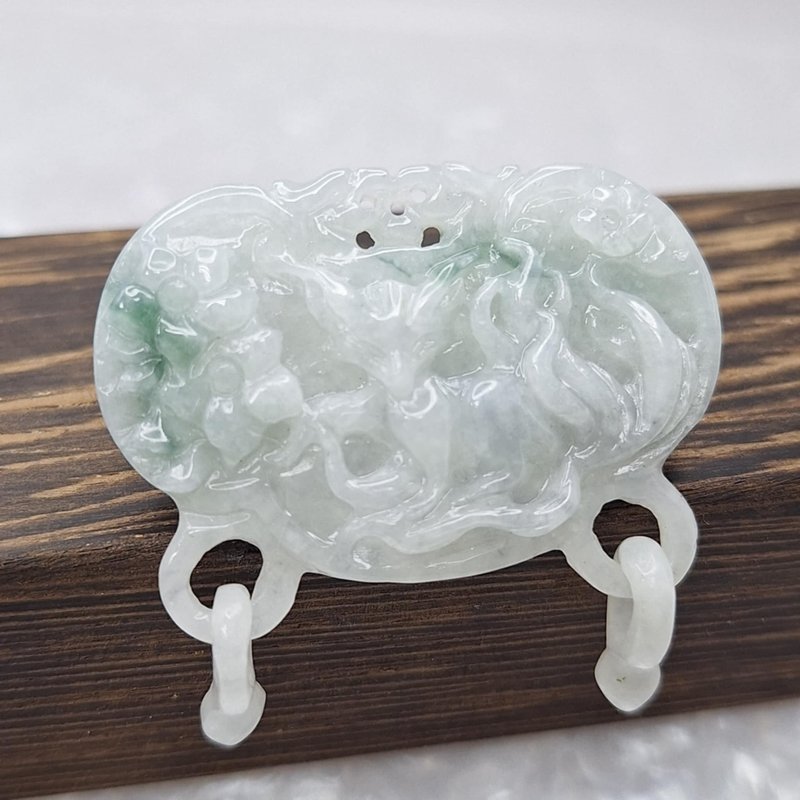 Ice Purple Flower Nine-tailed Fox Taotie Jade Heng Necklace | Natural Burmese Jade A Grade Jadeite - Necklaces - Jade 