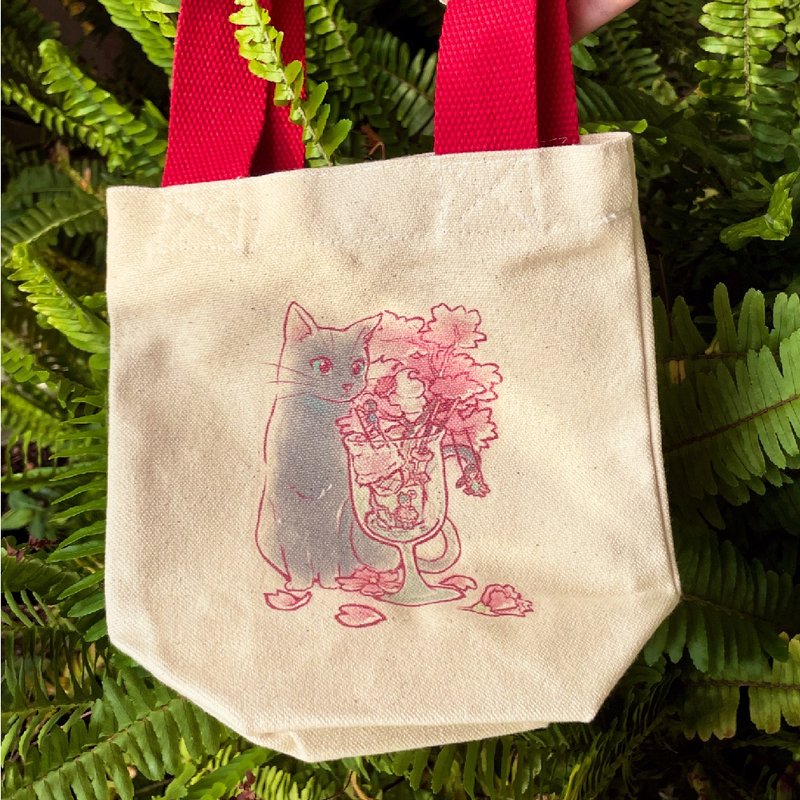 [Illustration Style] Spring Sakura Parfait | Webbing handle canvas drink bag - 2 colors optional - Beverage Holders & Bags - Cotton & Hemp Pink