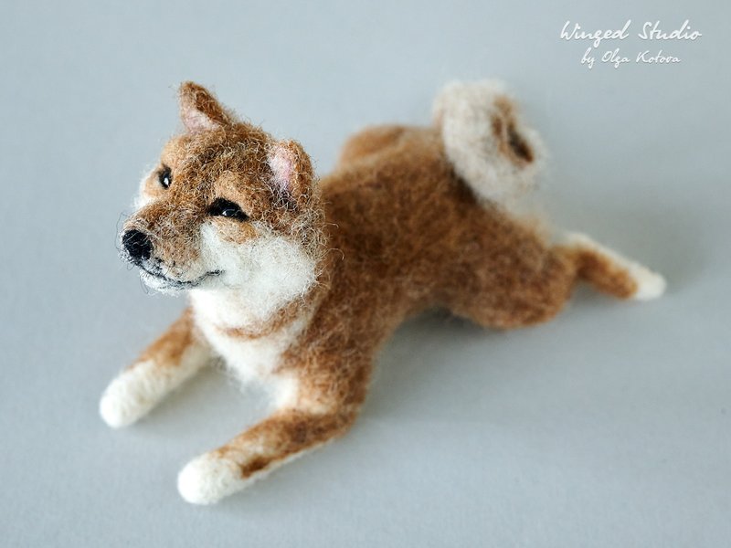 Shiba Inu dog, Variant 2, lying on his belly, realistic wool felted sculpture - ตุ๊กตา - ขนแกะ สีส้ม