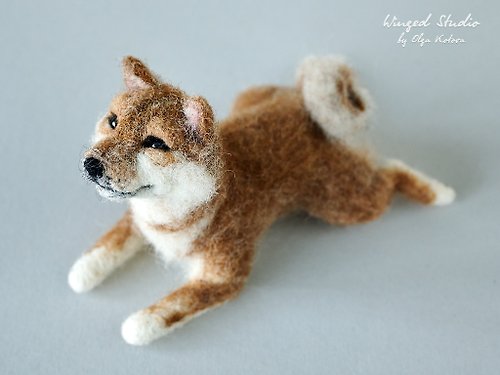 Winged Studio Shiba Inu dog, Variant 2, lying on his belly, realistic wool felted sculpture