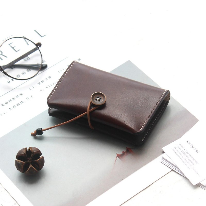 Dark brown vegetable tanned leather handmade leather coin purse business card package card package card package button credit card package - Card Holders & Cases - Genuine Leather Brown