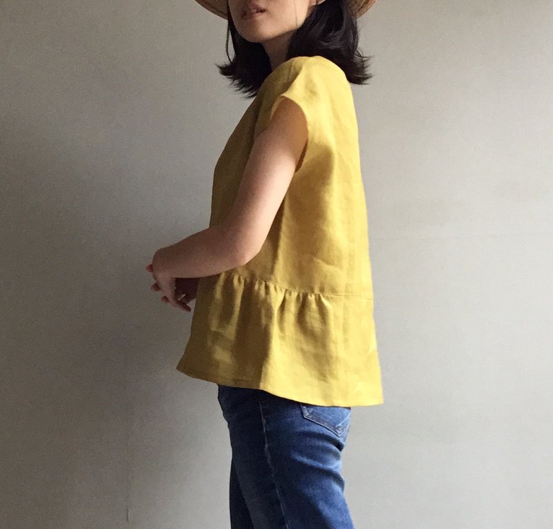 橄欖樹/黃橄欖色酵素洗細緻亞麻小傘狀下擺/法式袖上衣100%亞麻 - 女上衣/長袖上衣 - 棉．麻 