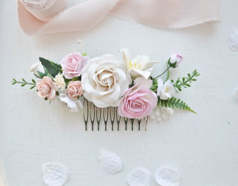 Flower hair comb, Wedding flower hair comb, Pink Flower hair clip - เครื่องประดับผม - กระดาษ 