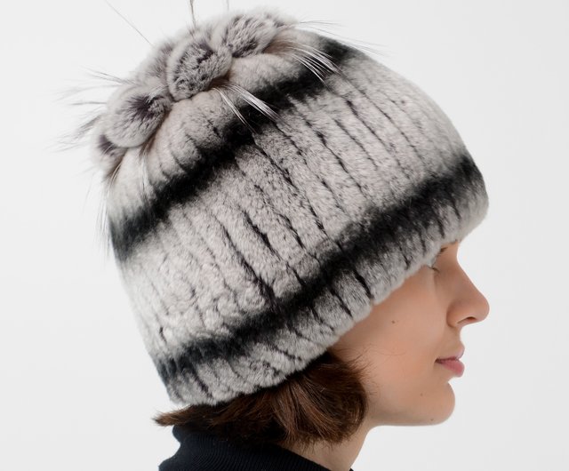 Women's winter hat stylish made of fur of fox good and rex rabbit Kubanka grey