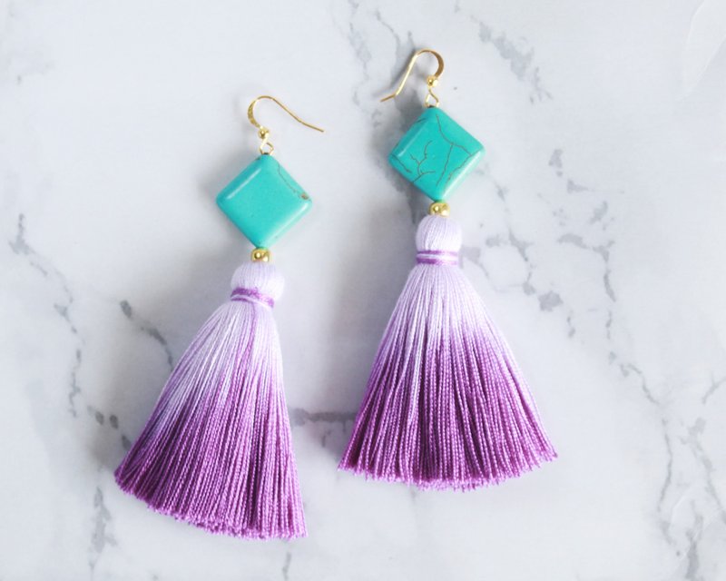 Colorful Purple Ombre Cotton Tassel Earrings For Women Turquoise Jewelry - 耳環/耳夾/耳骨夾 - 棉．麻 紫色