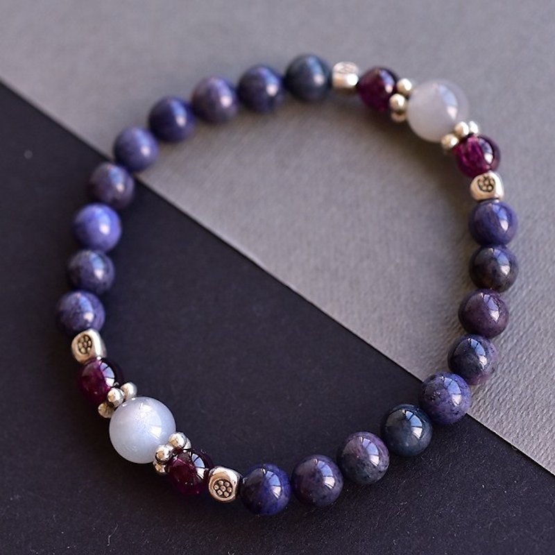 Garnet*Silver Grey Moonstone*Blue Line Stone Sterling Silver Bracelet - Bracelets - Gemstone Purple