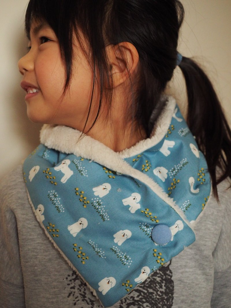 手工縫製保暖圍巾圍脖頸巾 粉藍比熊犬小狗圖案 - 圍巾/披肩 - 棉．麻 藍色