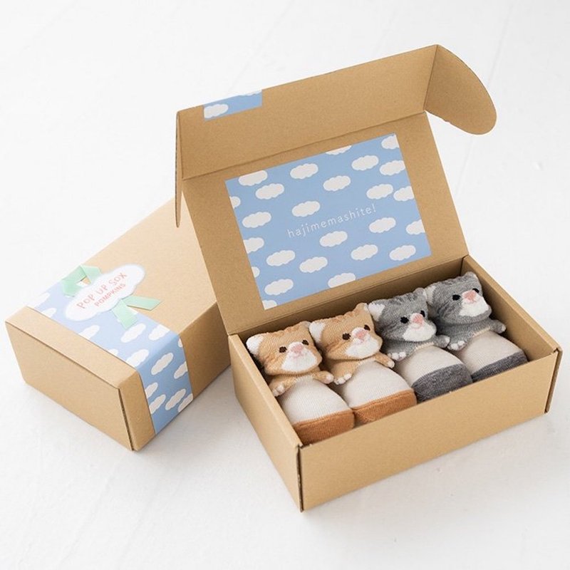 [NEW ARRIVAL!!] 2412201P 2-pair gift box set POP UP SOX gift box set Cat Made in Japan Gray/Beige - Baby Gift Sets - Cotton & Hemp Silver