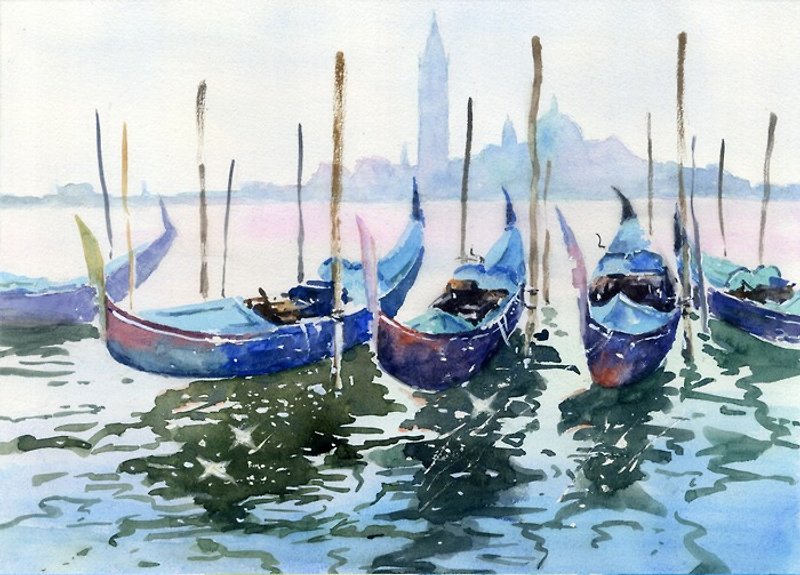 Watercolor sparkling gondola swaying on the water surface - โปสเตอร์ - กระดาษ สีน้ำเงิน