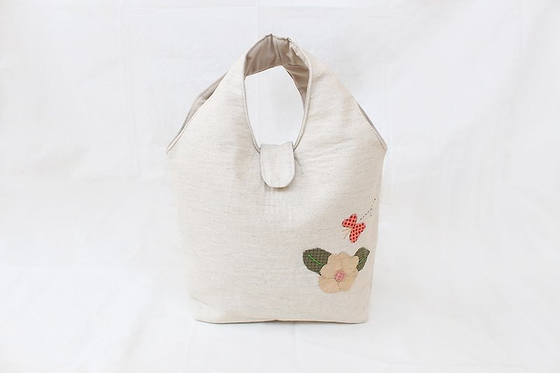 花朵空白素色磁釦手提包/托特包 - 手提包/手提袋 - 棉．麻 白色